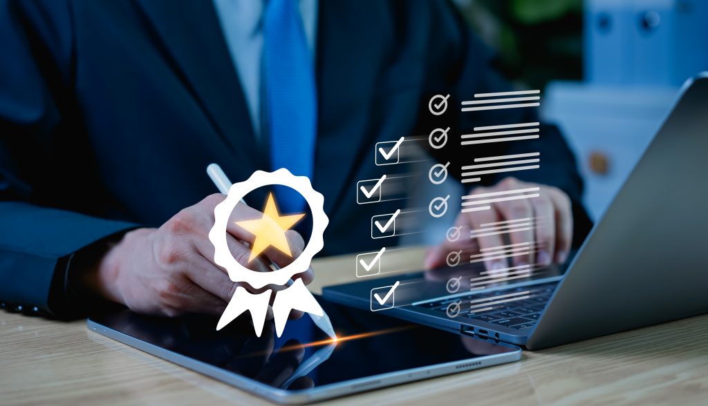 Compliance auditing and verification of digital forms with approvals and certificates on tablet, checklist validation, audit process, and business workflow management.